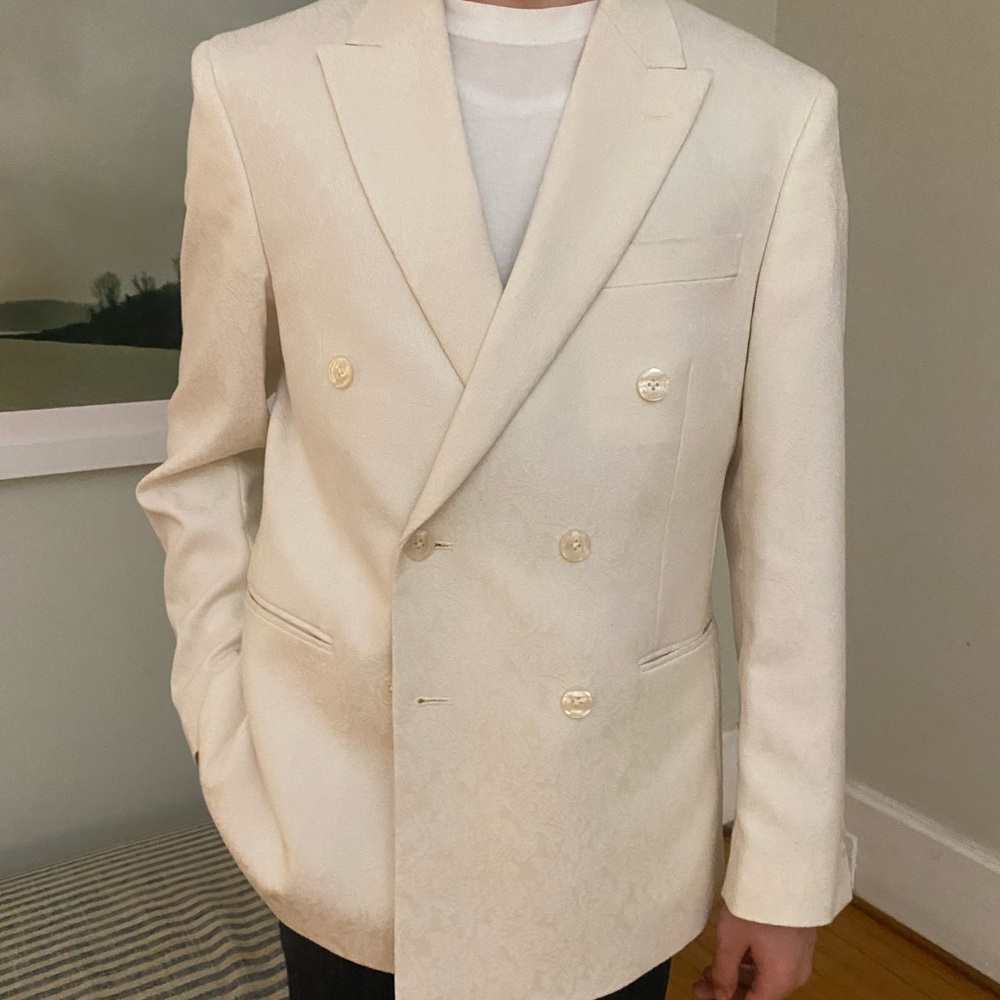 Jos A Bank Double Breasted Dinner Jacket Blazer 36S Floral Jacquard Cream E31608